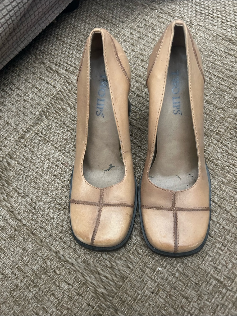 Two Lips Tan Leather Square-Toe Heels with Cross Stitch Detail